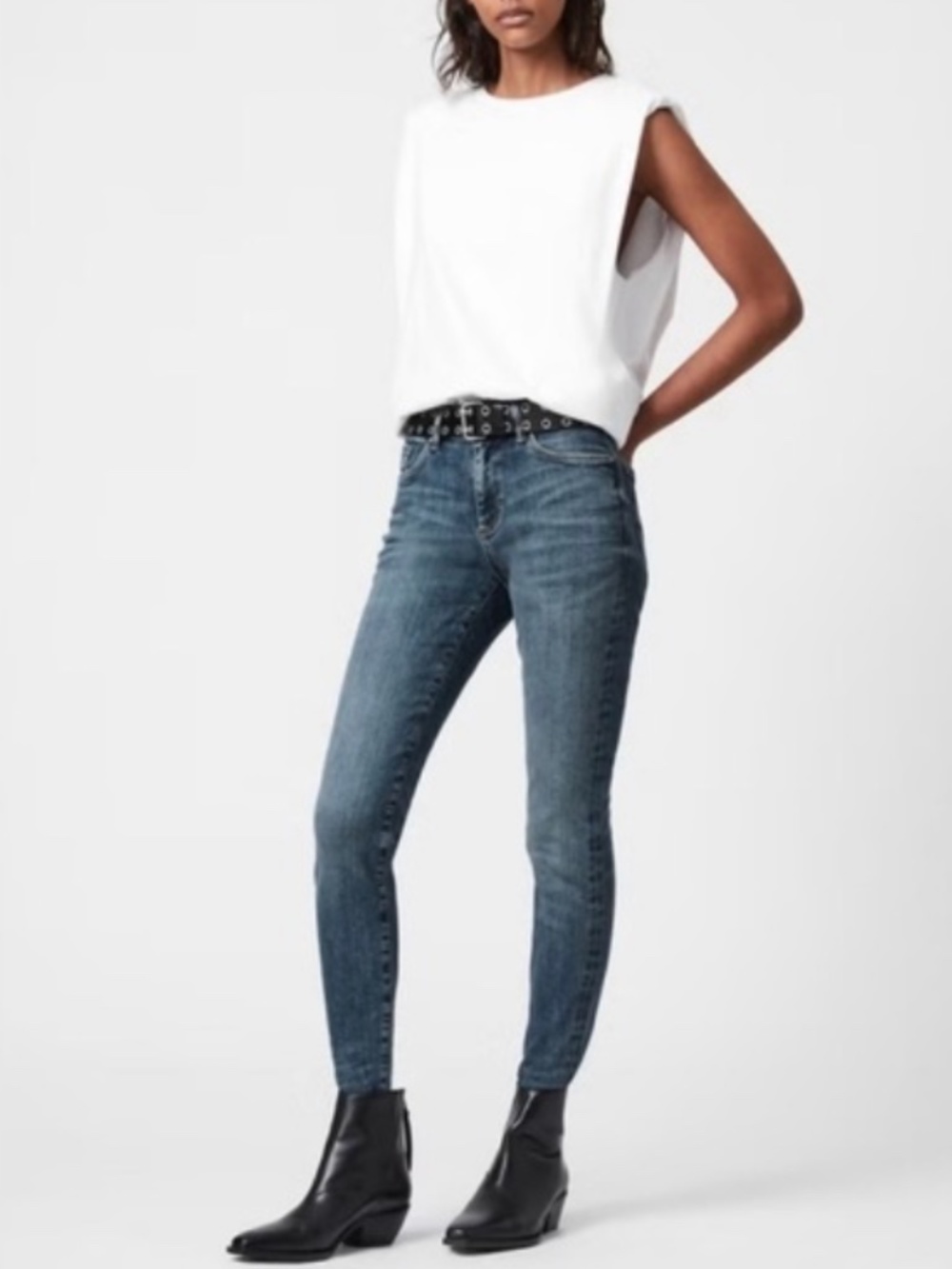 All Saints Miller Size Me Mid Rise Skinny Jeans in Washed Indigo - Small